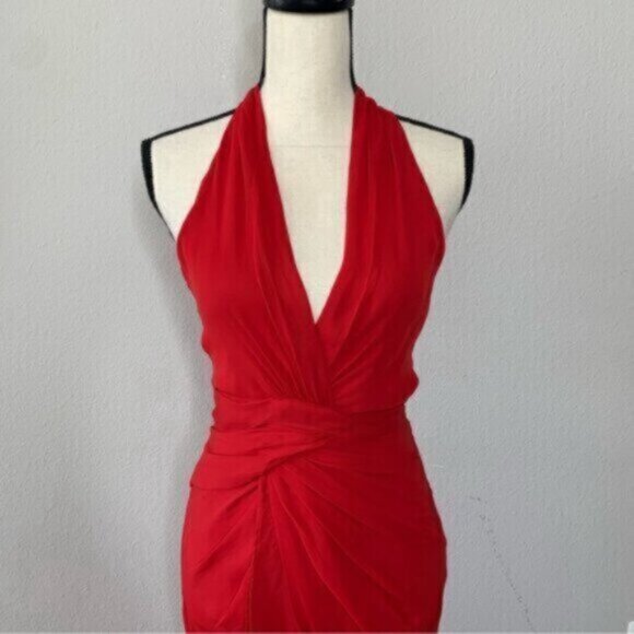 Vintage Red Halter Plunged Neckline Gown with Elegant Ruffle Detail - Picture 3 of 12
